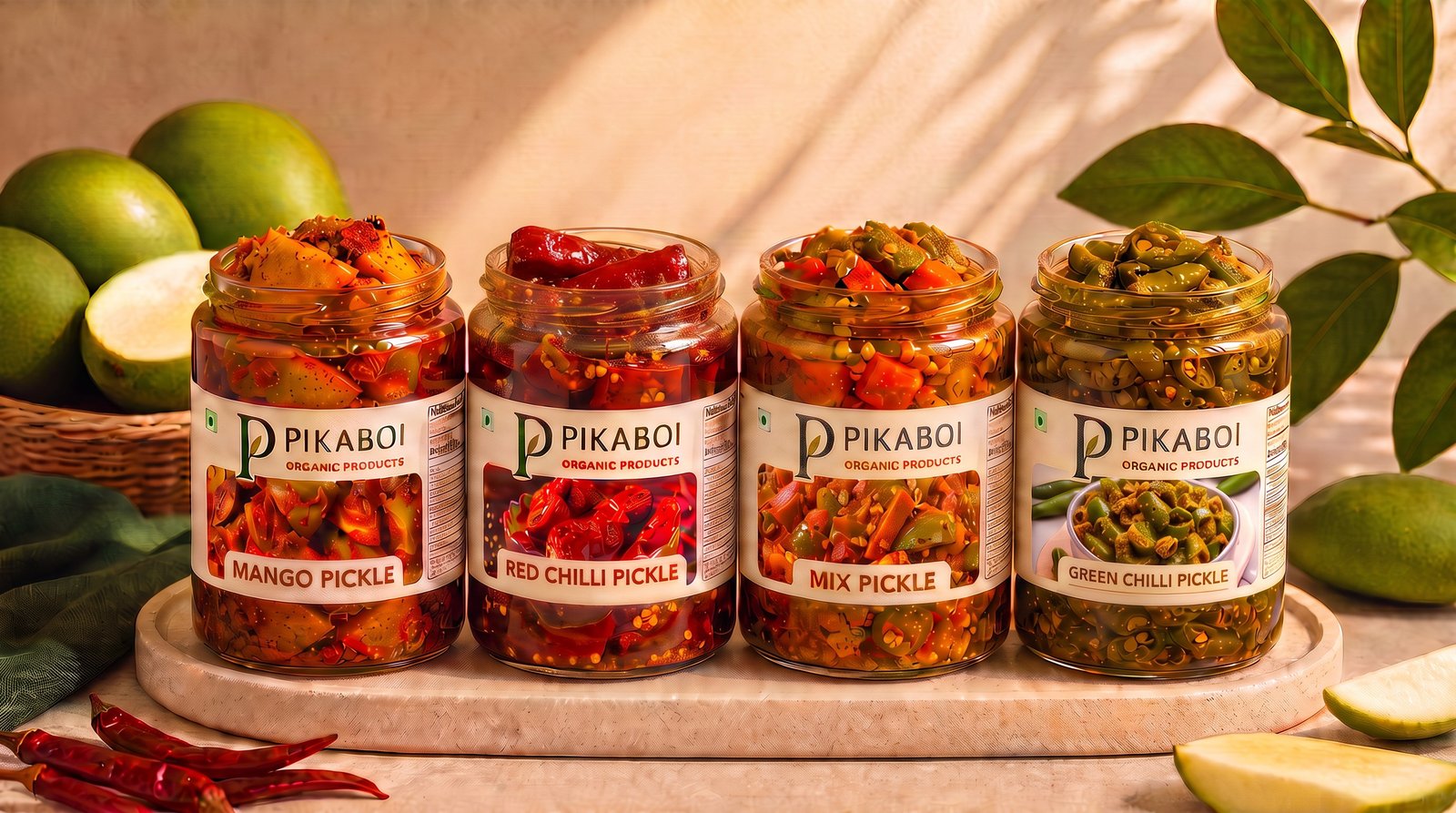 PIKABOI Mango Pickle, Red Chilli Pickle, Mix Pickle and Green Chilli Pickle jars
